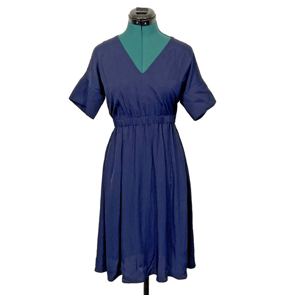 Everlane Midnight Navy Lightweight Short Sleeve V-Neck Knee Length Dress Size 2 - Picture 1 of 10